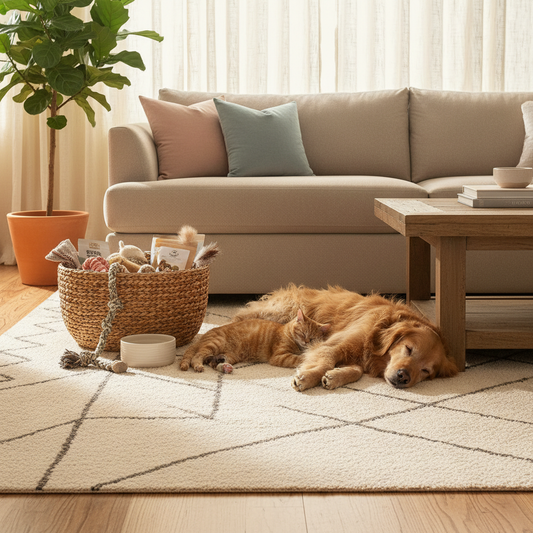a dog and cat relaxing on a rug near a basket of pet products in a bright room